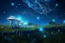 Cluster Of Blue Mushrooms Amidst Green Grass, Under A Starry Sky With Radiant Light On The Ground. Generative AI