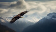 An eagle flying over a mountain range with a background of sky and clouds in the background