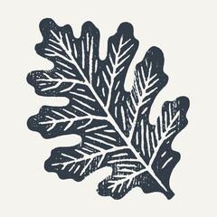 Oak leaf. Vintage block print style grunge effect vector illustration. Black and white.