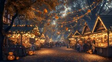 At A Small Town Square, A Fall Fair Unfolds At Evening\with Lantern-lit Stalls Adorned With Autumn Leaves And Pumpkin Lanterns. Generative AI.