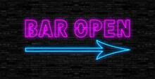 Retro Neon Sign With The Word Bar. Vintage Electric Arrow Symbol. Burning A Pointer To A Black Wall In A Club, Bar Or Cafe. Design Element For Your Ad, Signs, Posters, Banners. Vector Illustration.