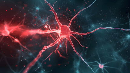 Wall Mural - Artistic red blue colored neuron cell in the brain on black illustration background.