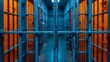 Symmetrical view of prison jail cells with iron bars and blue lighting