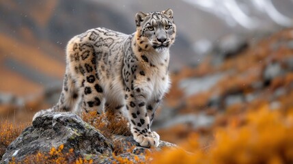 Wall Mural -  a snow leopard standing on a rock in a field of orange and yellow grass with a mountain in the background.