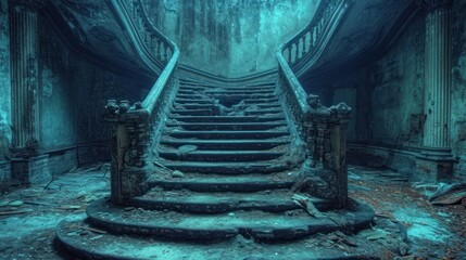 Poster -  a set of stairs leading up to the top of a set of stairs in an abandoned building with moss growing on the walls.