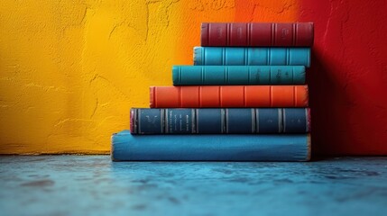 Wall Mural -  a stack of books sitting on top of a blue and red floor next to a yellow and red painted wall.