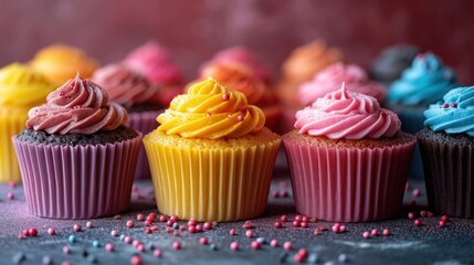 Poster -  a row of colorful cupcakes with frosting and sprinkles on a gray surface with pink, yellow, and blue icing.