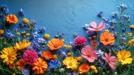 Sticker -  a bunch of flowers that are in front of a blue wall that is painted blue and has yellow, pink, purple, and orange flowers on it.