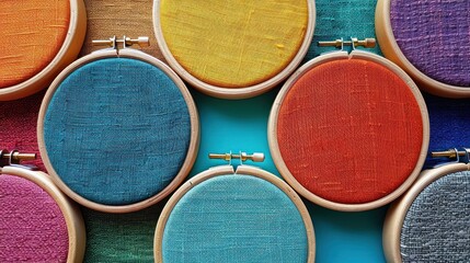 Wall Mural -  a close up of a bunch of different colored stitchs on a wall with a wooden frame in front of it.