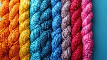  a row of multicolored skeins of yarn lined up in a rainbow - hued row on a blue background.