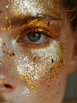 Creative Golden face makeup, closeup pose, Golden lips, the art of makeup style, 