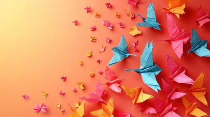 Poster -  a group of colorful origami birds on a pink and orange background with a border of smaller origami birds.