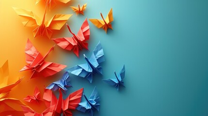 Wall Mural -  a group of colorful origami butterflies on a blue and yellow background with a red and orange butterfly on the left side of the image.