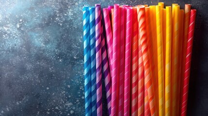 Poster -  a group of multicolored drinking straws lined up in a row on a gray surface with snow flakes in the background.