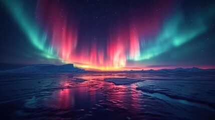 Wall Mural -  the aurora lights shine brightly in the night sky over an ice floese and icebergs in the ocean.