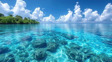 Sticker -  a body of water with rocks in the middle of it and a small island on the other side of the water.