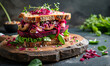 beet sandwich with artichokes on wooden board, in the style of colorful patchwork, focus stacking, dark pink and green