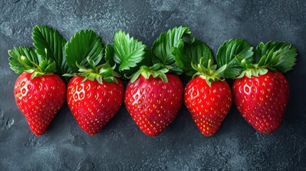 Sticker -  a group of five strawberries sitting next to each other on top of a black surface with green leaves on top of them.