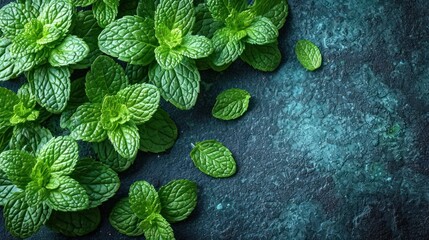 Poster -  a bunch of green leaves on top of a black counter top next to a knife and a bowl of seasoning.