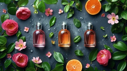 Sticker -  three bottles of cologne sitting on top of a table next to oranges and flowers on a gray surface with drops of water.