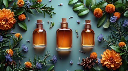 Poster -  three bottles of cologne sitting on top of a blue surface surrounded by orange flowers and green leaves and a pine cone.