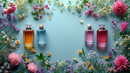 Sticker -  three bottles of perfume sitting on top of a blue surface surrounded by pink and yellow flowers and wildflowers.