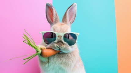 a cool bunny rabbit, wearing stylish white sunglasses, enjoys a carrot against a vibrant and colorfu