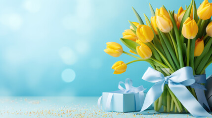 Sticker - Bright yellow tulips and elegantly wrapped gifts adorned with blue and golden ribbons against a soft blue background with light bokeh and golden glitter on the surface.