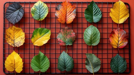 Sticker -  a bunch of leaves that are sitting on a wire rack on top of a red surface with a red wall in the background.