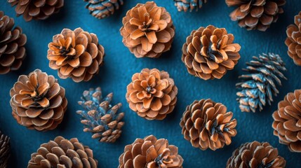 Poster -  a group of pine cones sitting next to each other on a blue surface with pine cones on top of them.