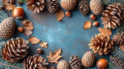 Poster -  a circular arrangement of pine cones, acorns and acorns arranged in a circle on a blue background.