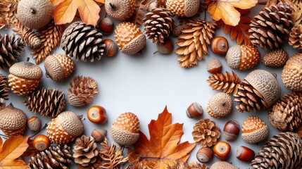 Poster -  a group of pine cones, acorns, and leaves arranged in a circle on a light blue background.