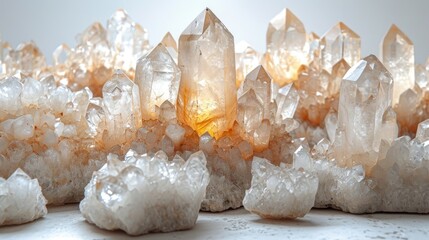 Wall Mural -  a group of crystal rocks sitting on top of a white table covered in lots of different sizes and shapes of rocks and small pieces of glass on top of glass.