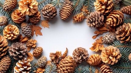 Poster -  a group of pine cones and pine needles arranged in a circle on a white background with space in the middle.