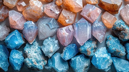 Wall Mural -  a close up of a bunch of rocks with different colors of rocks in the middle of the picture and on top of the rocks is a blue and white background.