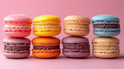 Sticker -  a group of macaroons sitting next to each other on top of each other on top of a pink surface with one macaroon on top of the other macaroons.