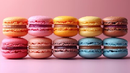 Sticker -  a row of macaroons sitting on top of each other on top of a pink surface with one macaroon in the middle of the row of the macaroons.