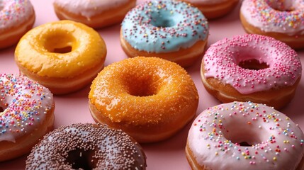 Poster -  a bunch of doughnuts with sprinkles on them on a pink surface with white and blue frosting and pink and yellow and pink sprinkles.