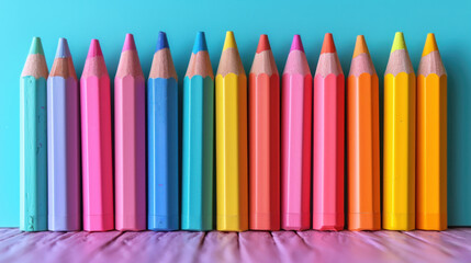 Poster -  a row of colored pencils sitting next to each other on a pink surface with a blue back ground and a blue wall behind the row of colored pencils.