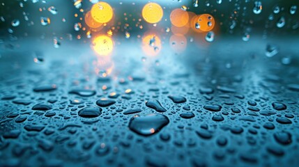 Wall Mural -  a close up view of raindrops on a window with a blurry background of street lights and traffic lights in the background with raindrops on a rainy day.