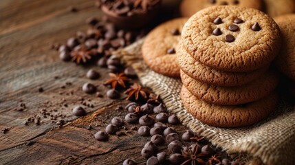 Wall Mural -  a pile of cookies sitting on top of a table next to a pile of chocolate chips and star anise on top of a piece of burly cloth.