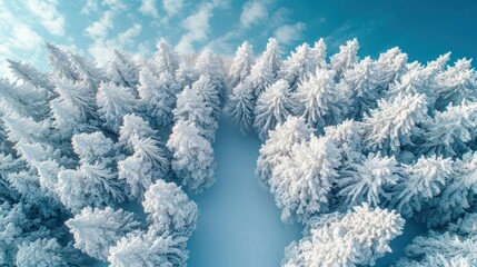 Wall Mural -  a group of trees covered in snow under a blue sky with wispy clouds in the middle of the picture, looking up at the tops of the branches of the tops of the branches.