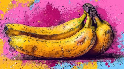 Sticker -  a bunch of yellow bananas sitting on top of a pink, blue, yellow, and pink paint splattered wall in front of a pink, blue, yellow, yellow, pink, pink, and blue, and pink background.