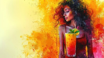 Canvas Print -  a painting of a woman in a red dress holding a tall glass with a drink in it and a lime slice on the rim of the rim of the glass.