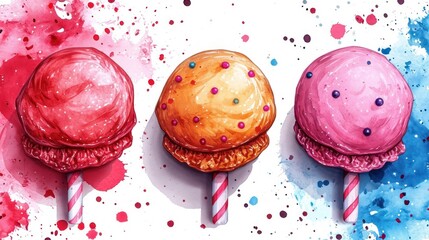 Sticker -  three ice cream lollipops with sprinkles on them on a pink, blue, and red background with sprinkles of watercolor.