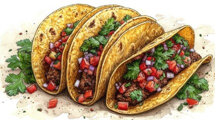 Wall Mural -  a group of tacos sitting on top of a pile of lettuce next to a pile of red onions and cilantros on top of lettuce.