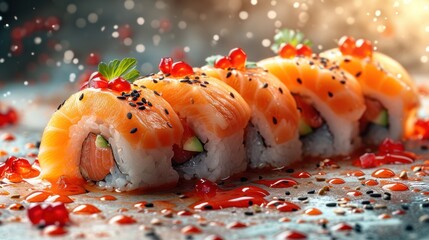 Wall Mural -  a piece of sushi sitting on top of a table covered in sauce and garnished with garnishes and garnishes on a wet surface.