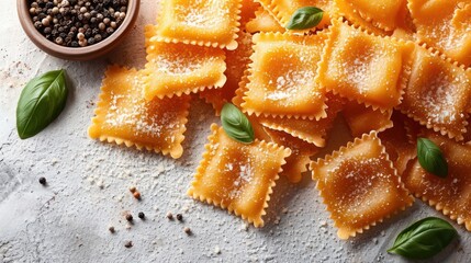 Sticker -  a plate of ravioli with basil sprinkled on top of it next to a bowl of black pepper seeds and a sprig of basil on the side.