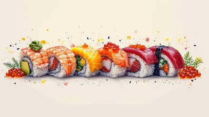 Wall Mural -  a row of sushi rolls with different types of sushi on top of each of them and garnished with garnishes of berries and pineapples.