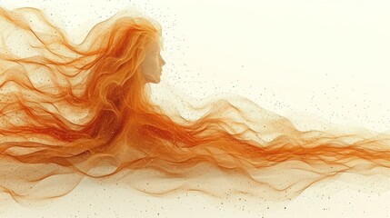 Wall Mural -  a woman's long hair is shown in orange and white smoke against a white background with tiny speckles on the left side of her face and right side of the image.